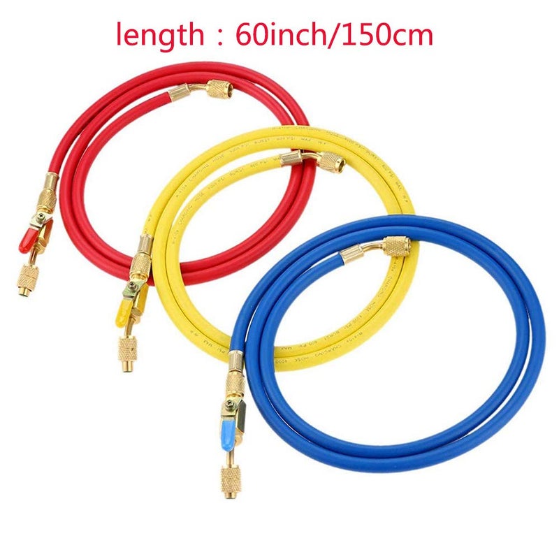 LIYYOO Refrigerant Charging Hose with Ball Valve Apply to R134A R12 R22 R502 R404 Refrigerant Air Conditioning Manifold Gauge 1/4" Thread Hose Set 60" Red/Yellow/Blue (Pack of 3) - Image 5